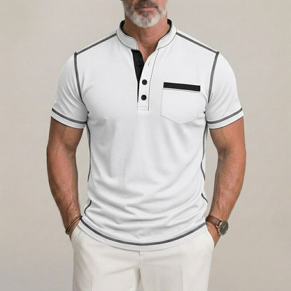 Men's Plain Contrast Stitching Detail Chest Pocket Short Sleeve Henley Shirt
