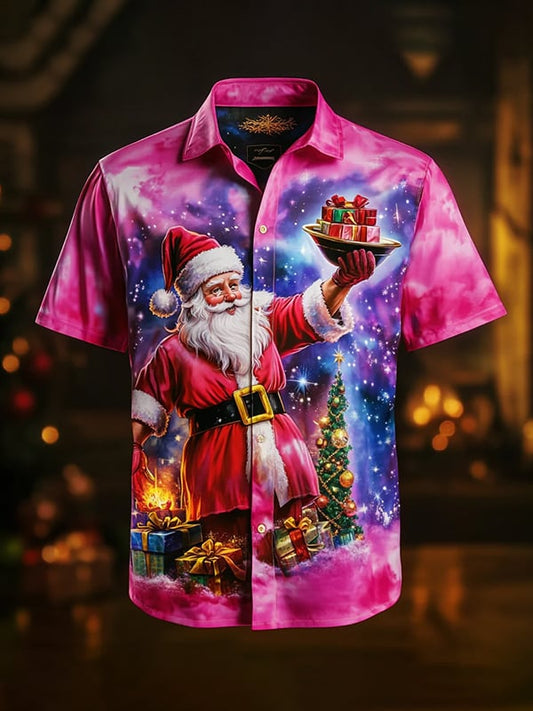 Men's Vintage Christmas Belle Print Lapel Shirt