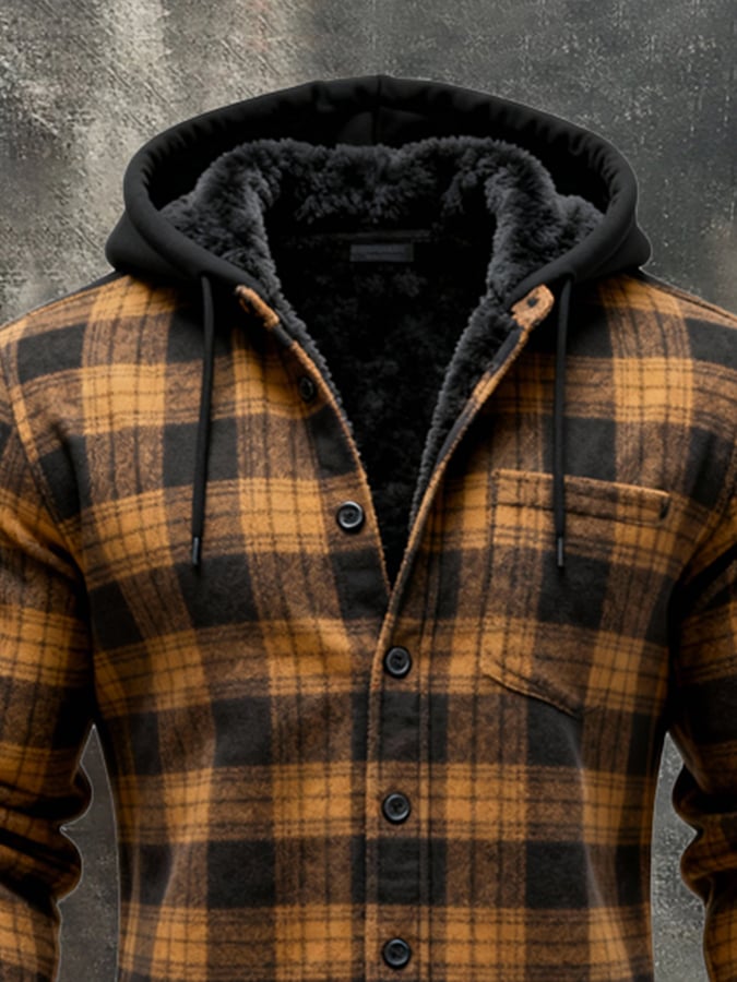 Men's Retro Plaid Warm Lambswool Lined Hooded Long Sleeve Shirt
