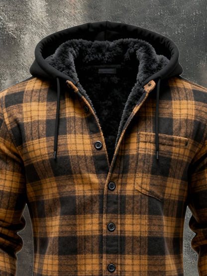 Men's Retro Plaid Warm Lambswool Lined Hooded Long Sleeve Shirt