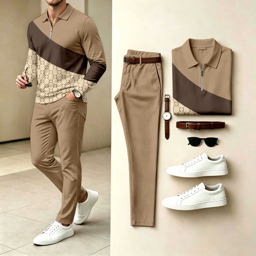 Men's Two-Piece Set: Patchwork Polo-Collar Zipper Long-Sleeve Shirt and Pants
