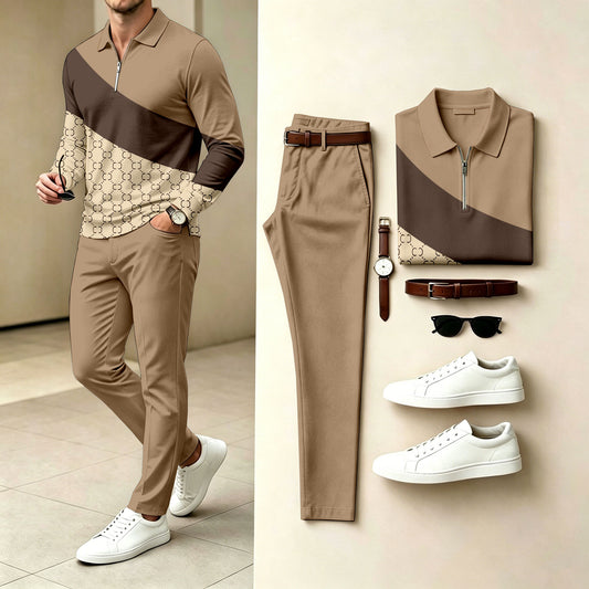 Men's Two-Piece Set: Patchwork Polo-Collar Zipper Long-Sleeve Shirt and Pants