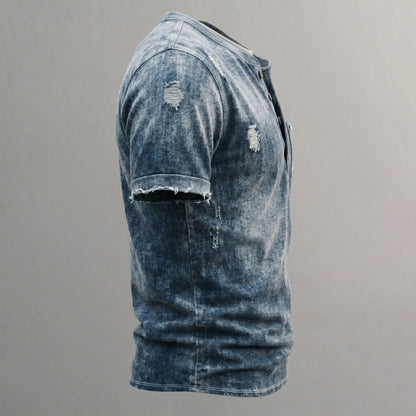 Men's Retro Distressed Washed Denim Ripped Raw-Edge Patch Pocket Henley Shirt