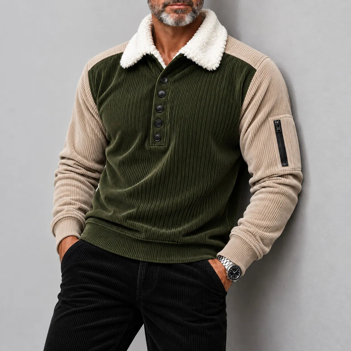 Men's Colorblock Corduroy Fluffy Collar Half Placket Long Sleeve Pullover Polo Shirt