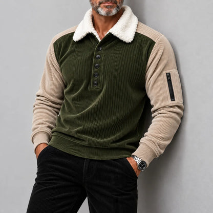 Men's Colorblock Corduroy Fluffy Collar Half Placket Long Sleeve Pullover Polo Shirt