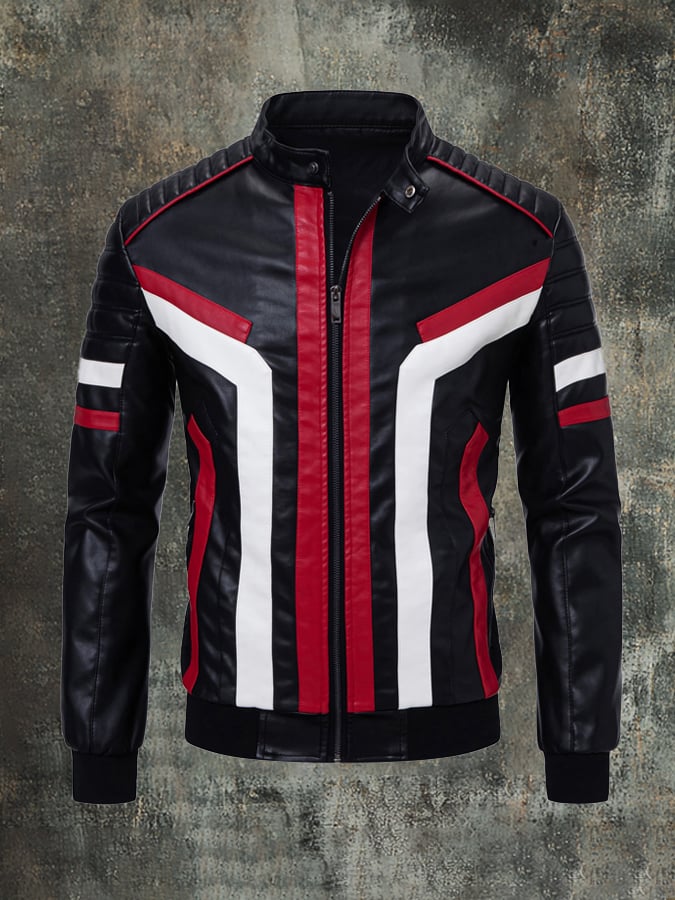 Men'S Fashion Casual Stitching Contrast Color Stand Collar Motorcycle Leather Jacket