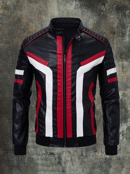 Men'S Fashion Casual Stitching Contrast Color Stand Collar Motorcycle Leather Jacket