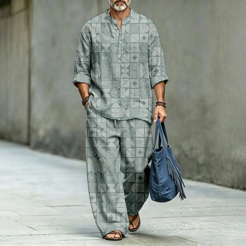 Men's Geometric Color-Block Stand-Collar Polo Shirt and Long Pants Two-Piece Suit Set