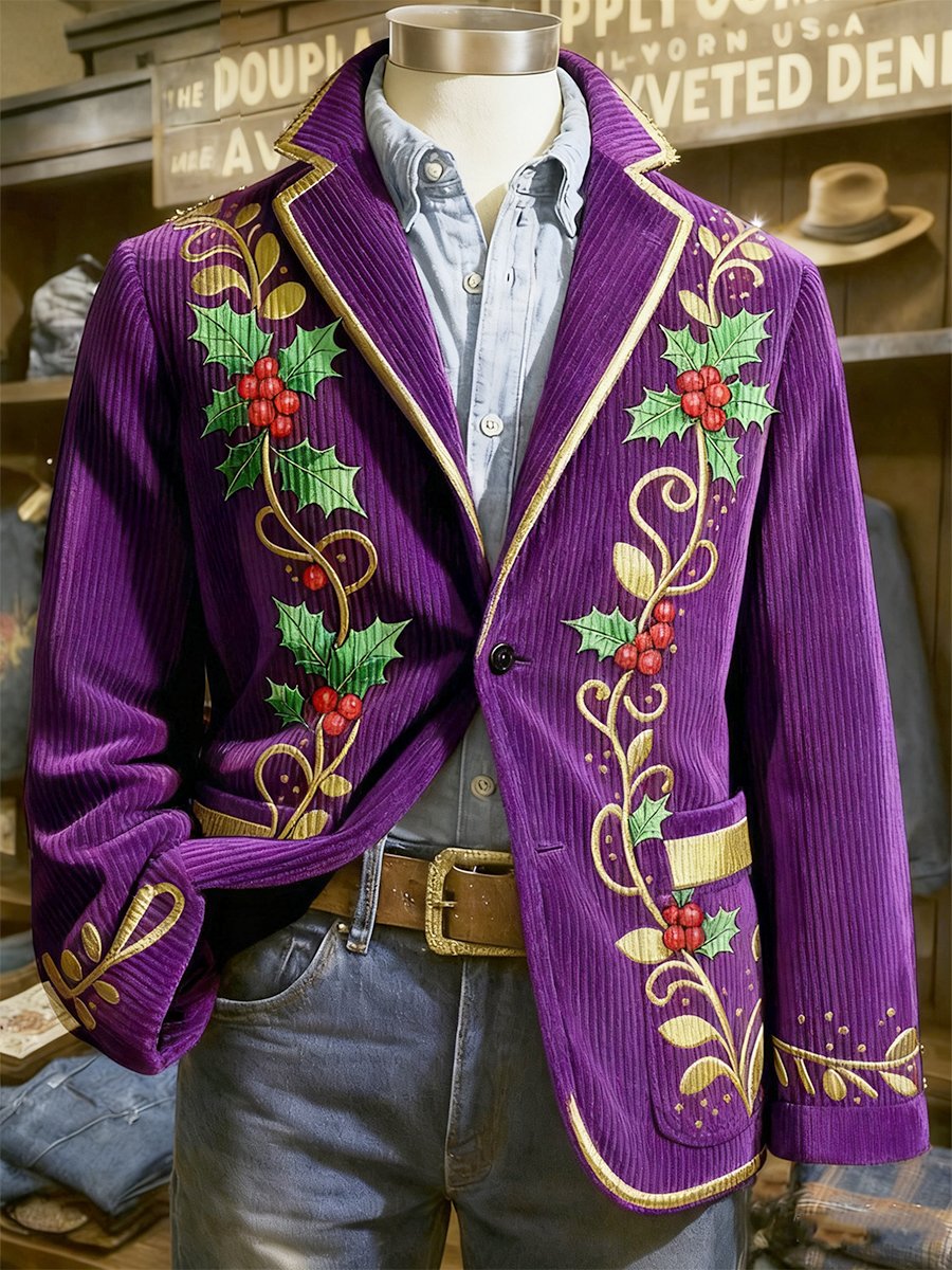 Men's Corduroy Christmas Holly Lapel Blazer