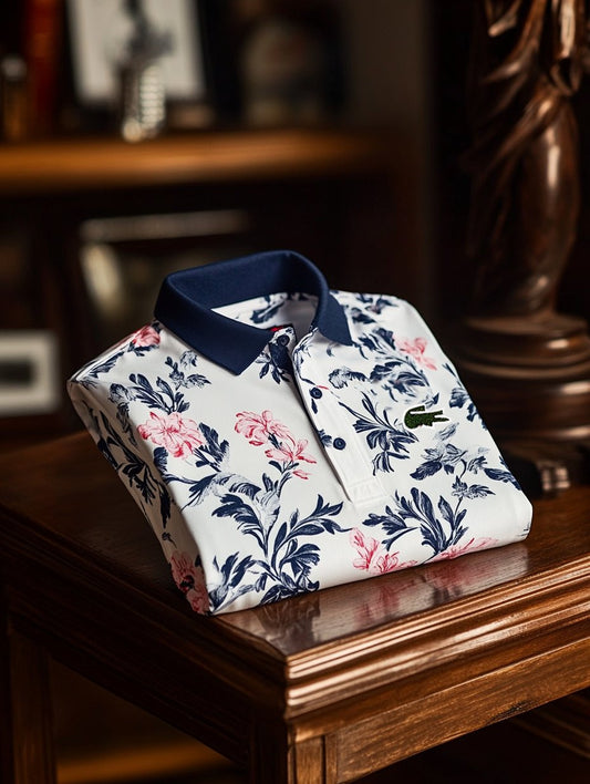 Men's Business Casual Floral Print Button-Down Short Sleeve Polo Shirt