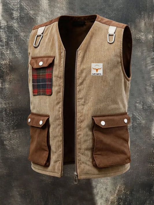 Men's Vintage Color-Block Corduroy Multi-Pocket Patchwork Vest Jacket