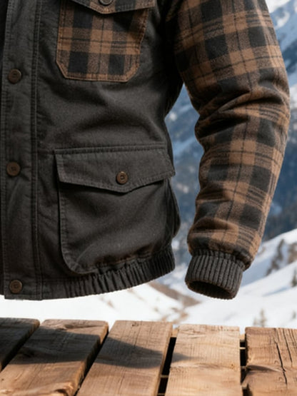 Men's Windproof, Warm And Cold-Resistant Checkered Patchwork Color-Blocking Hooded Jacket