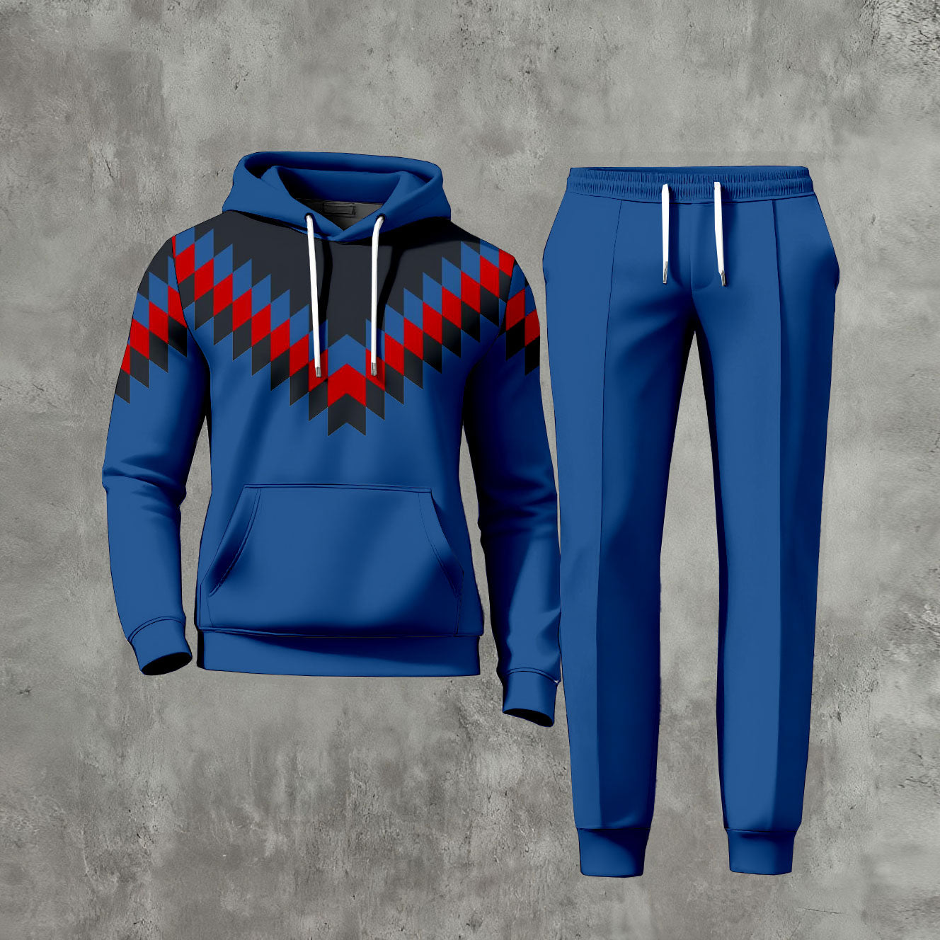 Men's Casual Color Matching Printed Long-Sleeve Hoodies Sweatshirt & Trousers Navy Two-Piece Set