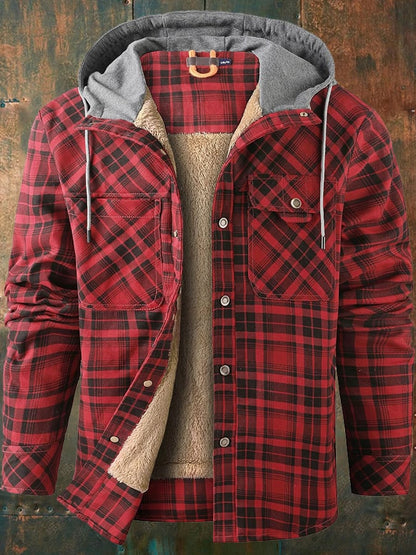Men's Vintage Plaid Hooded Plus Velvet Autumn And Winter Jacket
