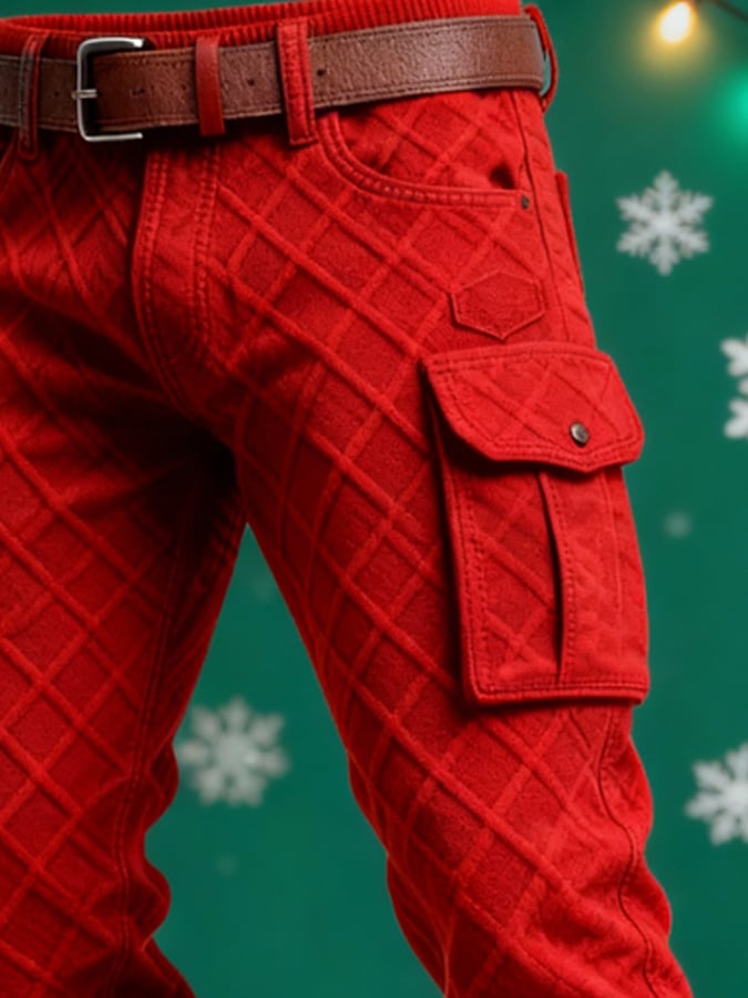 Men's Red Knitted Jacquard Textured Christmas Work Pants