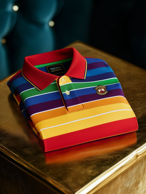 Men's Business Casual Button Rainbow Striped Old Money British Emblem Short Sleeve Polo Shirt