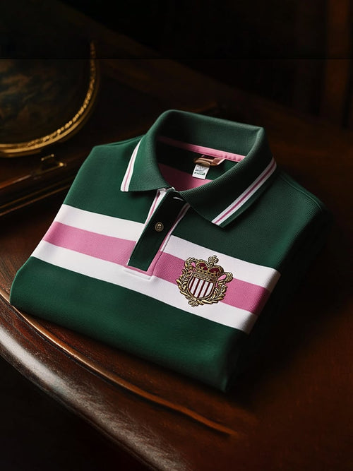 Men's Classic Business Check Logo Button Short Sleeve Polo Shirt