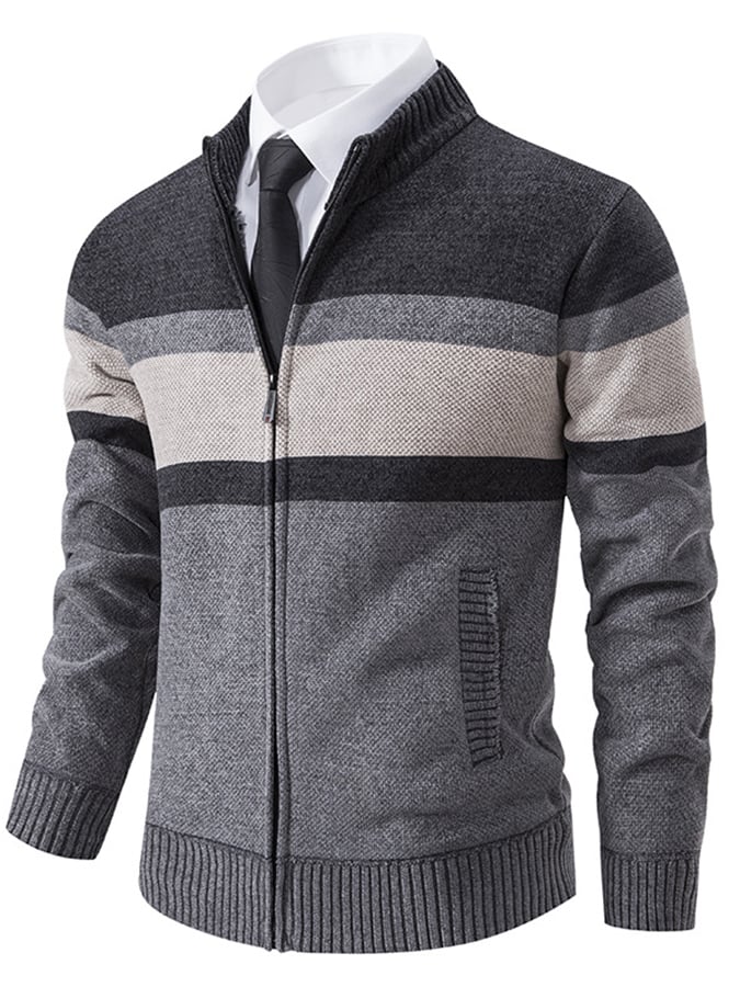 Men's Stylish Contrasting Color Design Velvet Warm Zipper Sweater Jacket