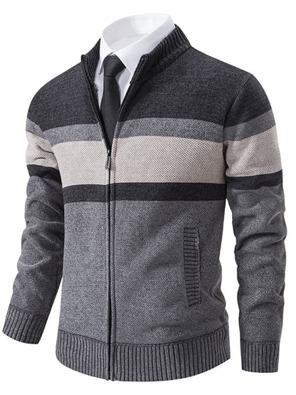 Men's Stylish Contrasting Color Design Velvet Warm Zipper Sweater Jacket