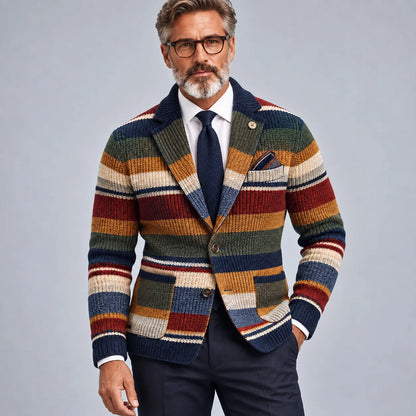 Men's Stylish Colorblock Stripe Notch Lapel Patch Pocket Single Breasted Knit Blazer