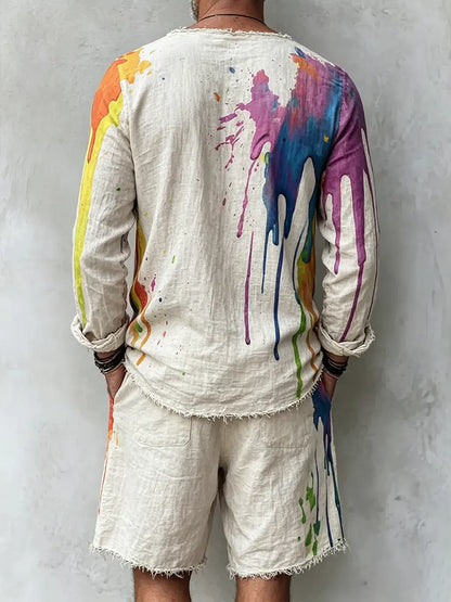 Men's Retro Abstract Print Casual Linen Long-sleeved Top And Shorts Two-piece Se