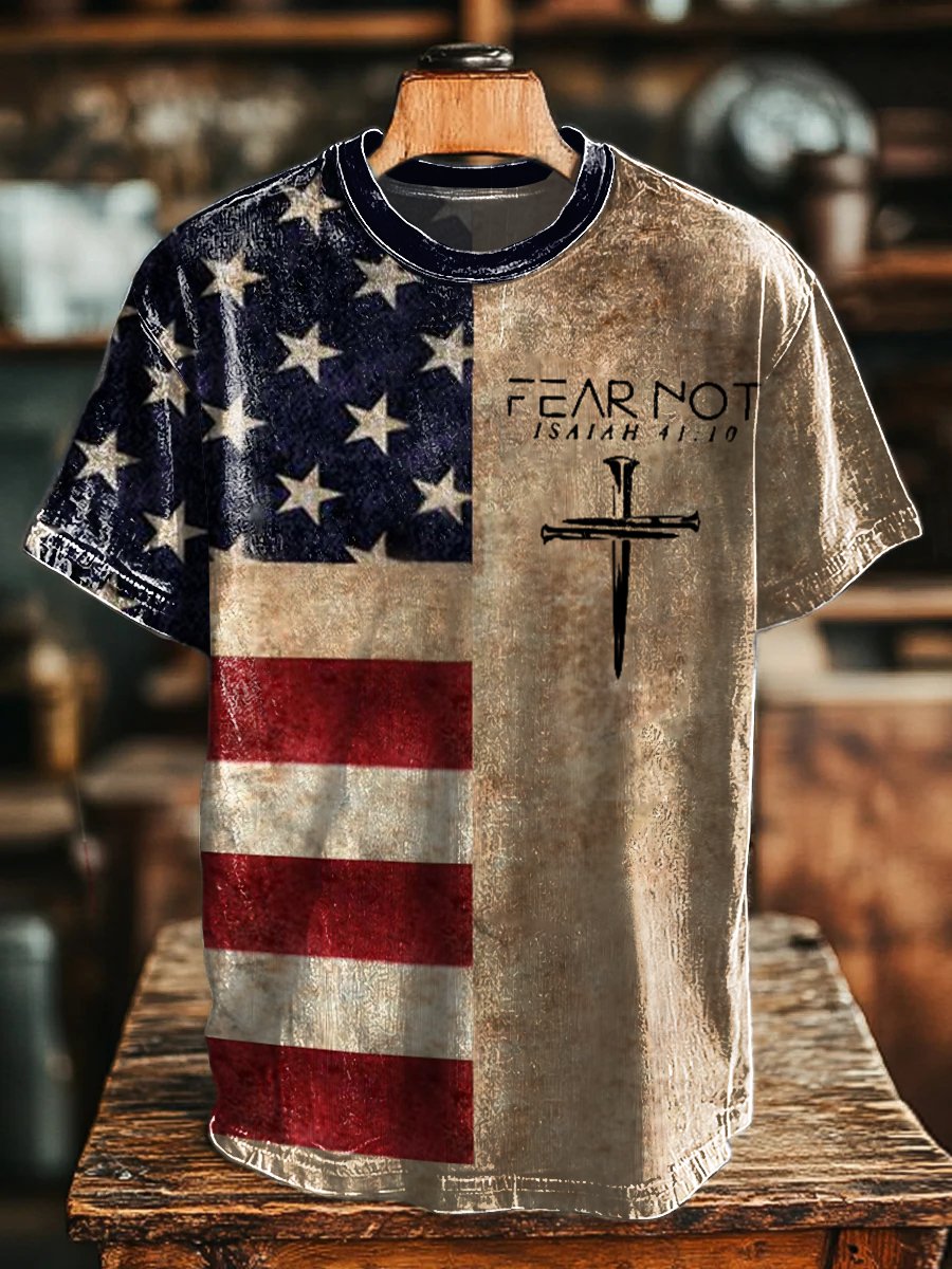 Men's Vintage Flag Fear Not Printed Round Neck T-Shirt