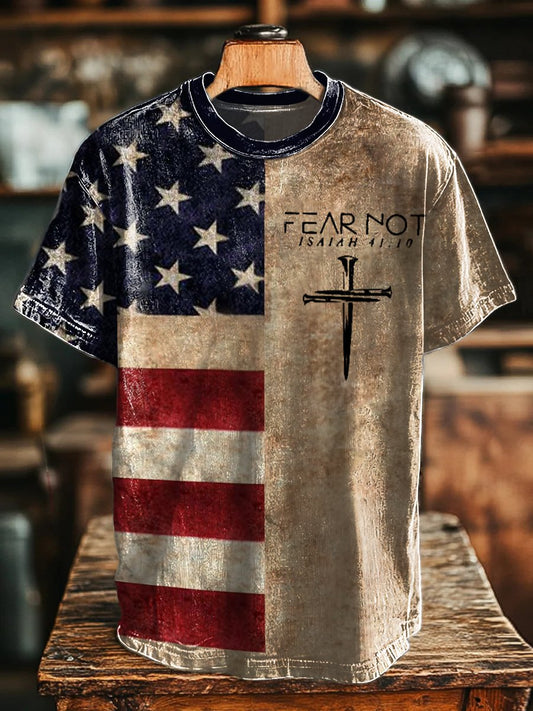 Men's Vintage Flag Fear Not Printed Round Neck T-Shirt