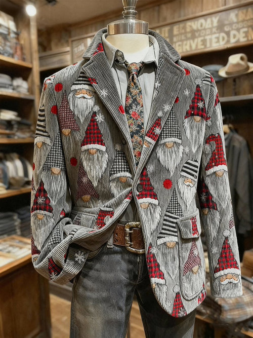 Men's Corduroy Christmas Gnomes Print Lapel Suit Jacket
