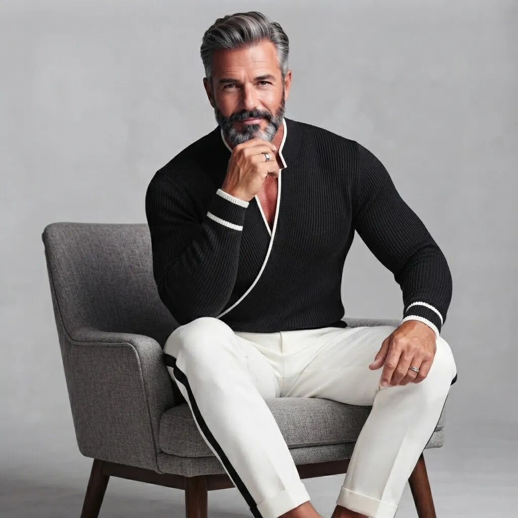 Men's Black Ribbed Knit Stand Collar Contrast Piping Slim Fit Wrapped Sweater