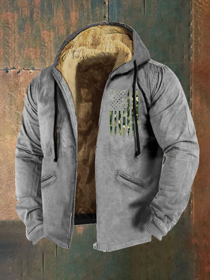 Men's Retro Camo Flag Print Zip Hooded Jacket