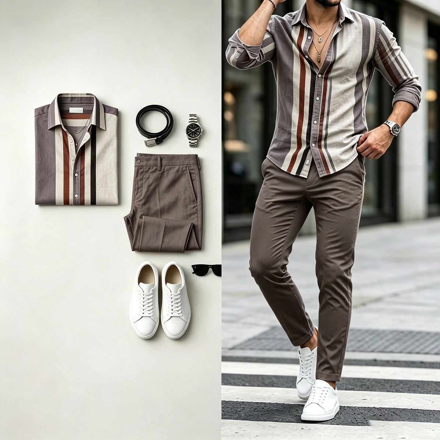 Men's Striped Print Long-Sleeve Shirt and Pants Set