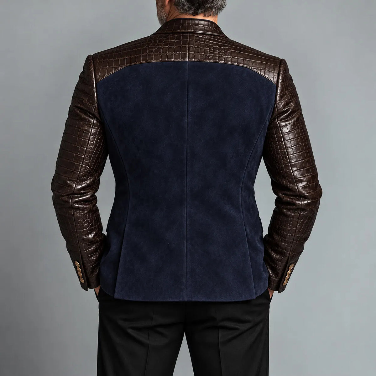 Men's Navy Blue Suede PU Leather Spliced Peak Lapel Gold Buttons Two-Tone Blazer