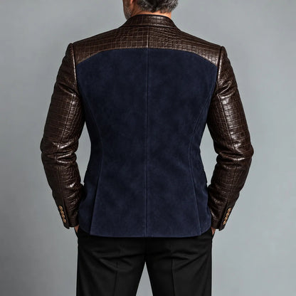 Men's Navy Blue Suede PU Leather Spliced Peak Lapel Gold Buttons Two-Tone Blazer