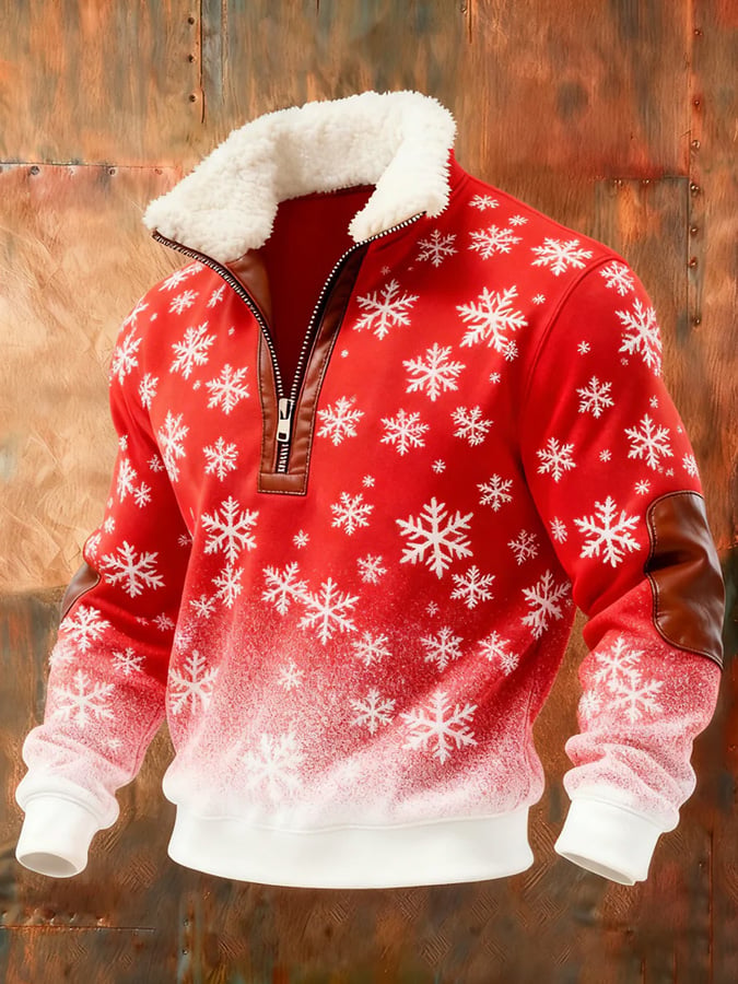 Men's Christmas Art Design Printed Plush Stand Collar Sweatshirt