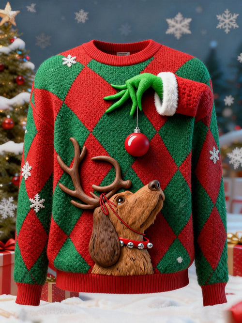 Men's Cartoon Print Ugly Christmas Green Monster Pullover Sweater