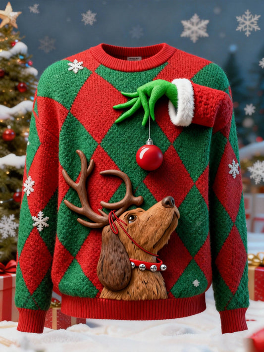 Men's Cartoon Print Ugly Christmas Green Monster Pullover Sweater