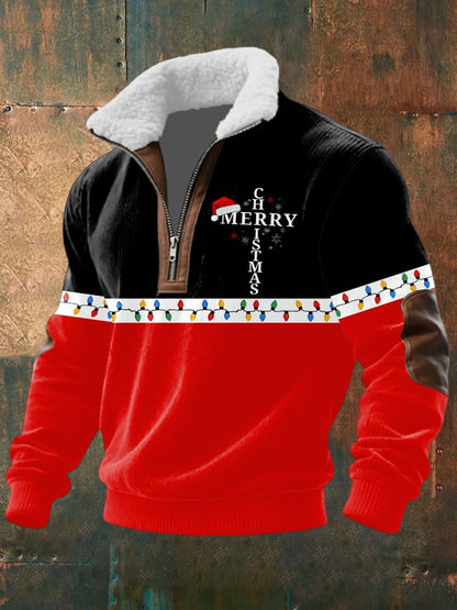 Men's Christmas Print Half Zip Lapel Sweatshirt