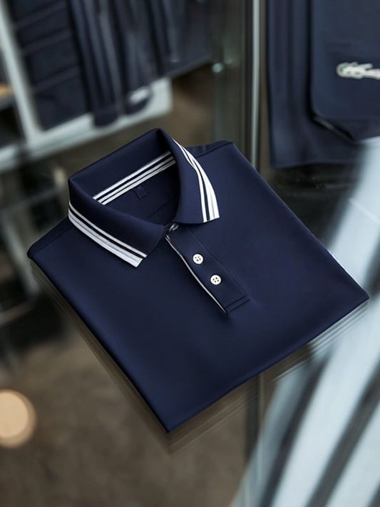 Men's Business Stripe Logo Print Short Sleeve Polo Shirt