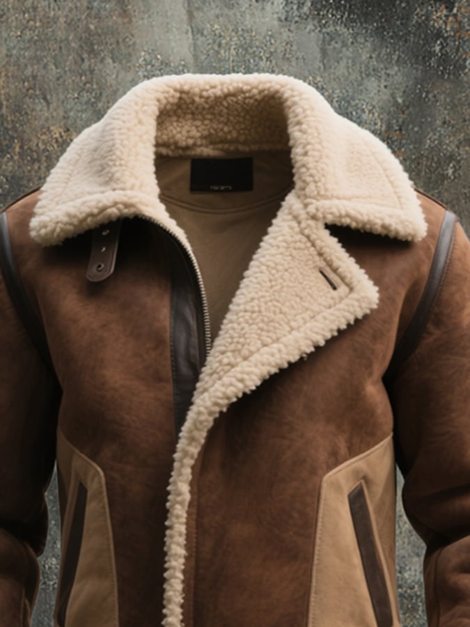 Men'S Vintage Suede Colorblock Lambswool Lapel Jacket