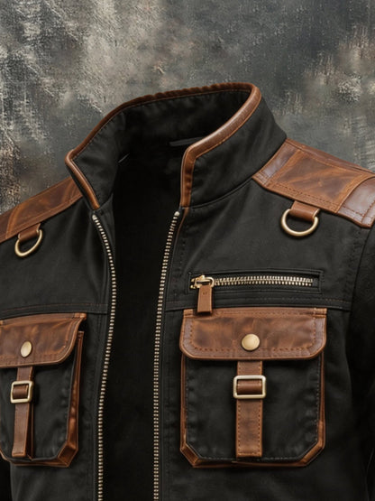 Men's Vintage Leather-Panel Multi-Pocket Outdoor Jacket