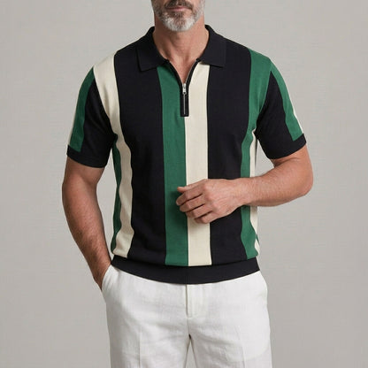 Men's Business Casual Colorblock Half Zipper Slim Knitted Polo Shirt