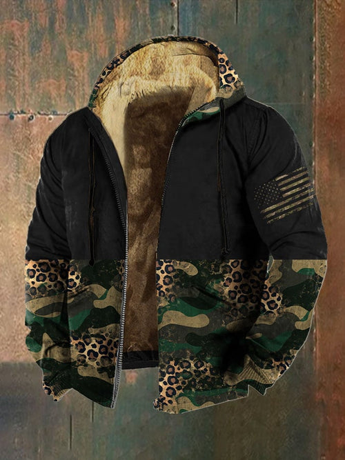 Men's Retro Leopard Camo Flag Print Zip Hooded Jacket