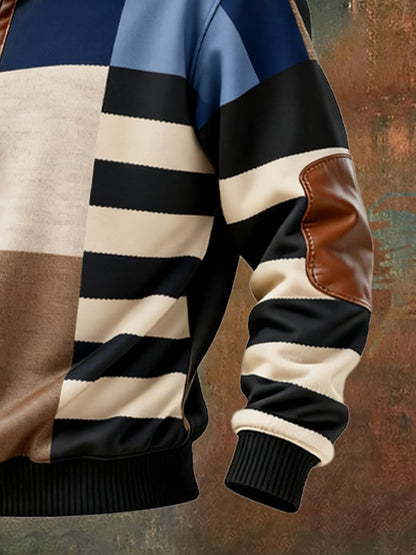 Men's Retro Color Block Print Casual Fur Collar Long Sleeve Sweatshirt