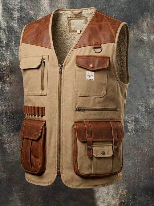 Men's vintage distressed denim-panelled vest with multiple pockets