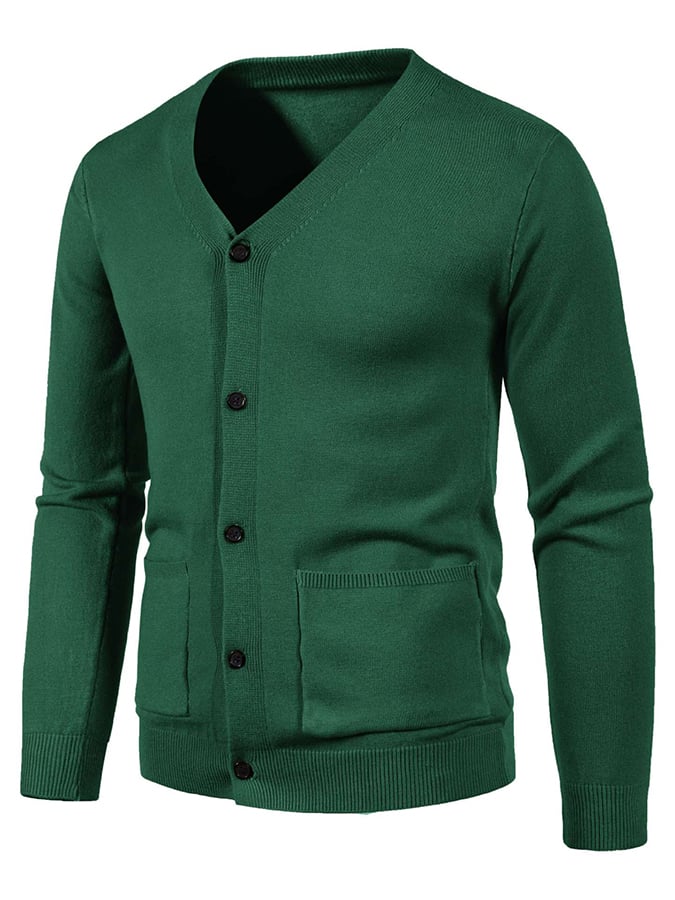 Men's Fashionable Pocket Button Design V-Neck Solid Color Sweater Jacket