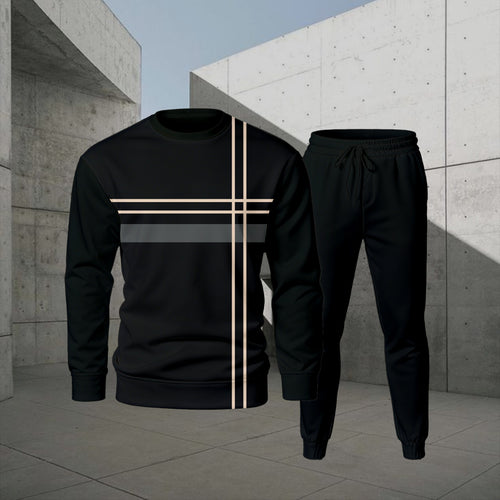 Men's Casual Color Matching Printed Round-Neck Long-Sleeve Sweatshirts Trousers Two-Piece Set