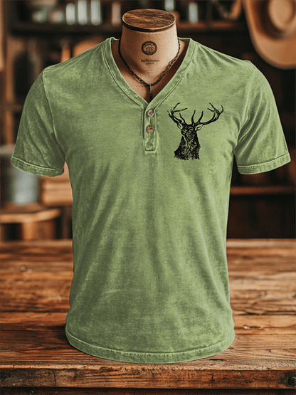 Men's Vintage Elk Print V-Neck Button Casual T-Shirt