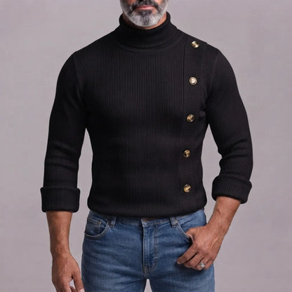 Men's White Ribbed Knitted Turtleneck Asymmetric Button Slim-Fit Long Sleeve T-Shirt