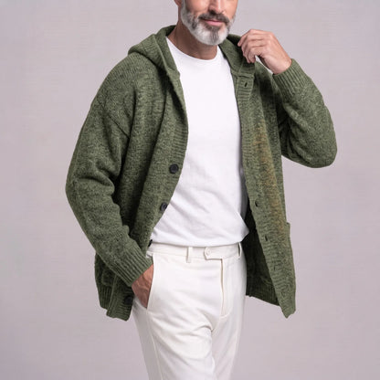 Men's Casual Solid Color Single Breasted Pockets Drop Shoulder Loose Knit Hooded Cardigan