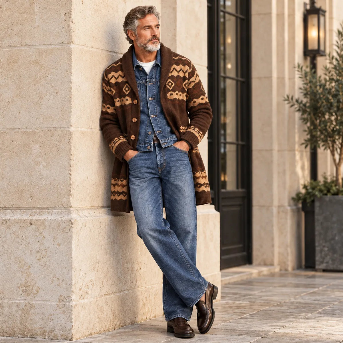 Men's Coffee Aztec Geometric Pattern Shawl Lapel Single Breasted Knitted Longline Cardigan